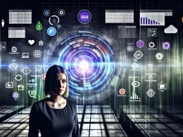 Marketer betrachtet im dunklen, futuristischen Büro eine transparente Datenwand mit Diagrammen, Heatmaps, KPI-Anzeigen und Datenströmen von Google Analytics, CRM und Social Media, während im Hintergrund ein Excel-Interface zu '404 Not Found' verblasst.