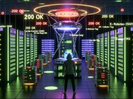 Serverraum mit digitalen HTTP-Streams, einem Googlebot-Icon, Technikern und Marketern, die SEO-Elemente wie Statuscodes und Keywords verwalten.