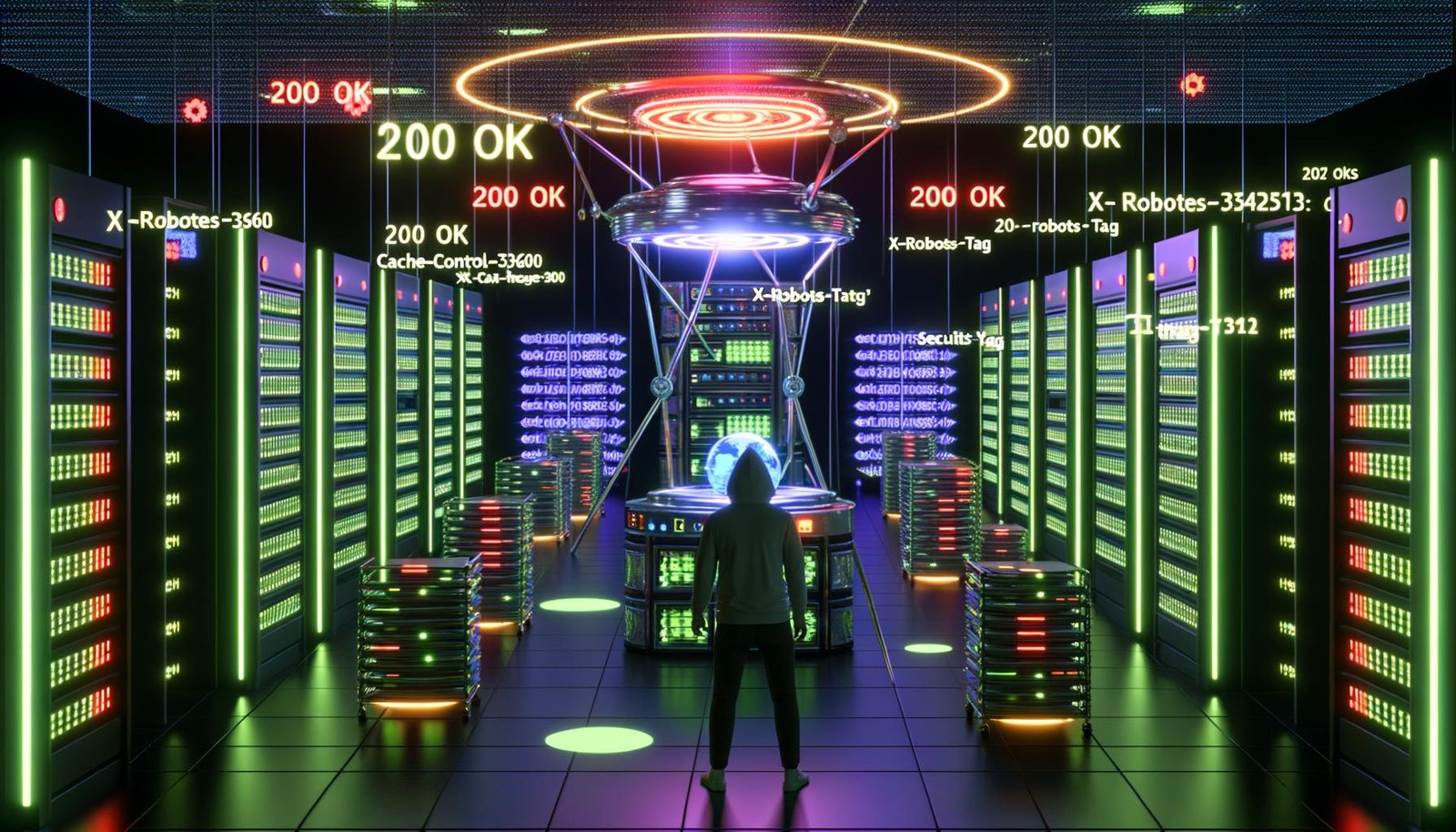 Serverraum mit digitalen HTTP-Streams, einem Googlebot-Icon, Technikern und Marketern, die SEO-Elemente wie Statuscodes und Keywords verwalten.