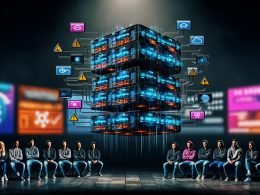 Marketing-Profis in Hoodie und Jeans vor einem leuchtenden, architektonischen Martech Stack mit Datenströmen und Plattform-Logos, umgeben von digitalen Dashboards und Warnhinweisen in einem düster-innovativen Technikraum.