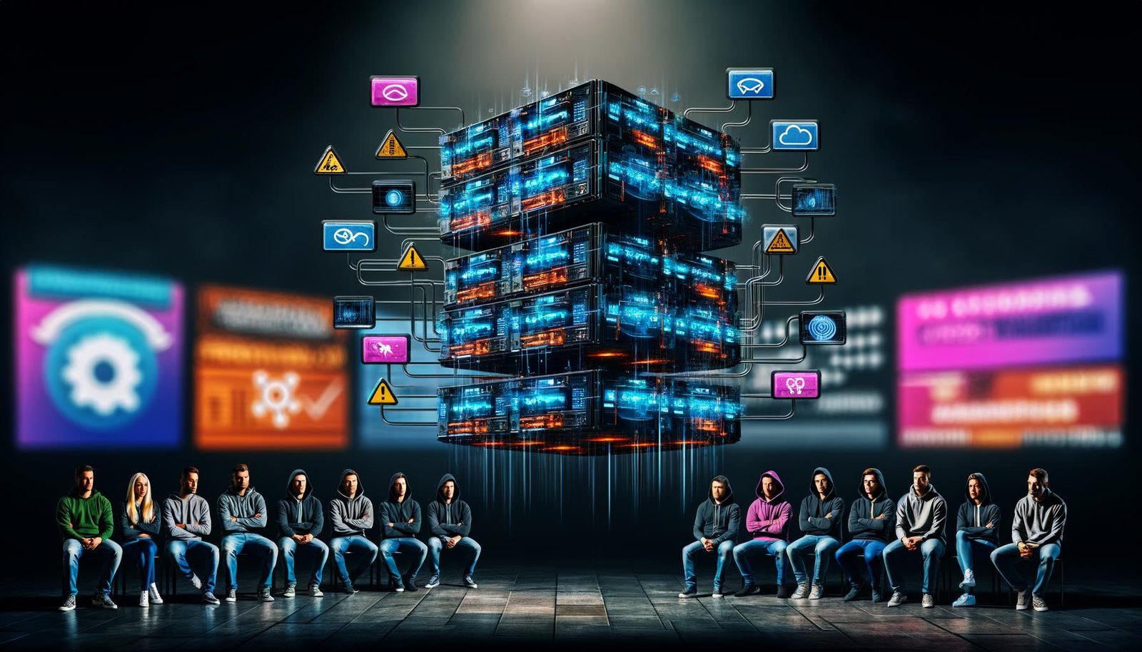 Marketing-Profis in Hoodie und Jeans vor einem leuchtenden, architektonischen Martech Stack mit Datenströmen und Plattform-Logos, umgeben von digitalen Dashboards und Warnhinweisen in einem düster-innovativen Technikraum.