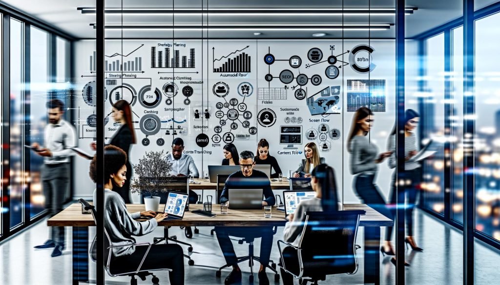 Team aus Männern und Frauen unterschiedlicher Herkunft arbeitet effizient in modernem, digital ausgestatteten Büro mit Whiteboards, KPI-Charts und Workflow-Diagrammen.