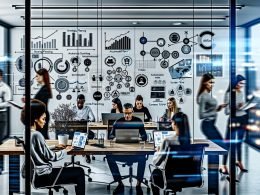 Team aus Männern und Frauen unterschiedlicher Herkunft arbeitet effizient in modernem, digital ausgestatteten Büro mit Whiteboards, KPI-Charts und Workflow-Diagrammen.