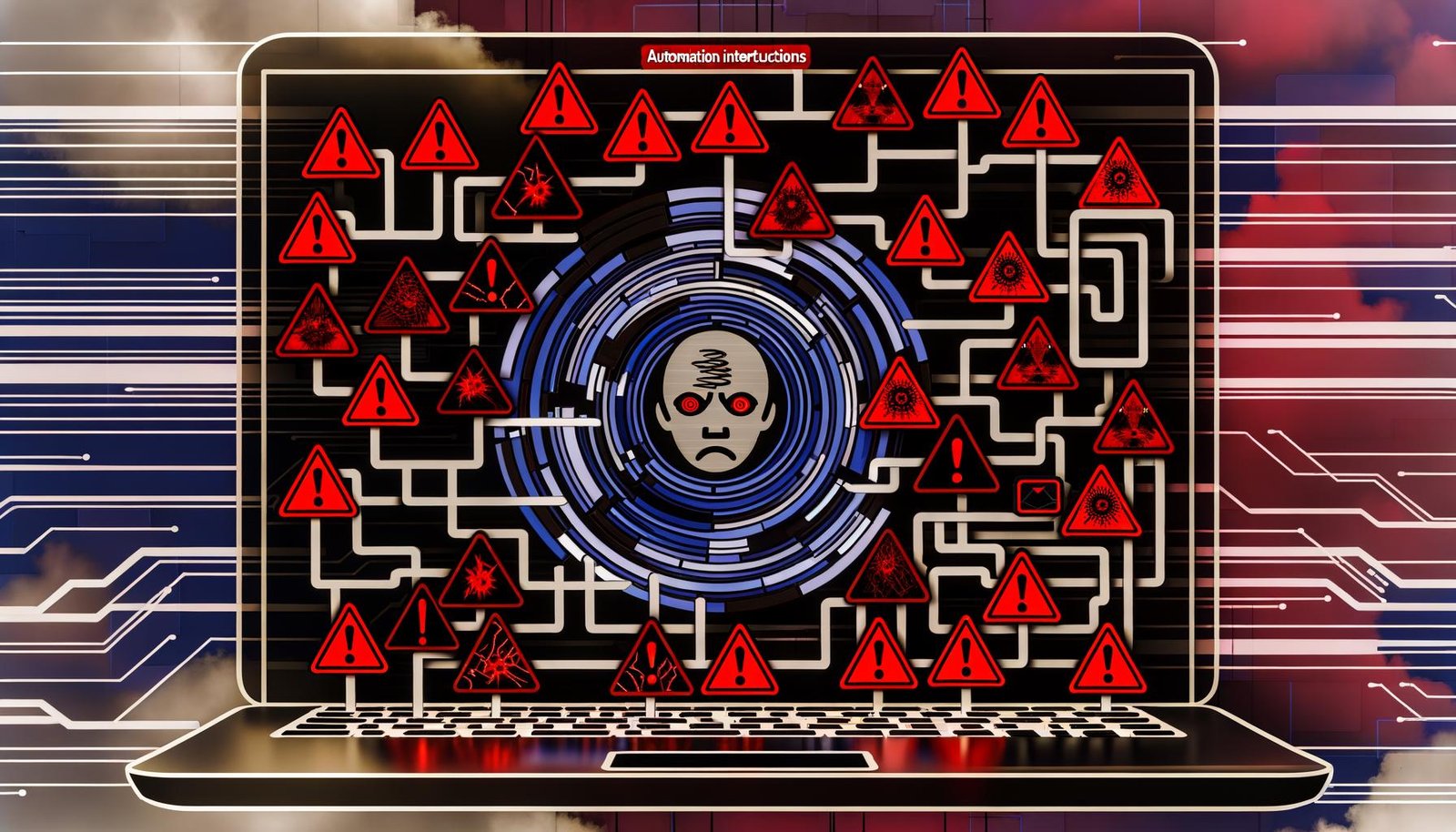 Visualisierung eines Make.com-Interfaces mit verworrenem Flowchart, auffälligen roten Fehlermeldungen und Symbolen, die die Dringlichkeit von Automatisierungsfehlern verdeutlichen.