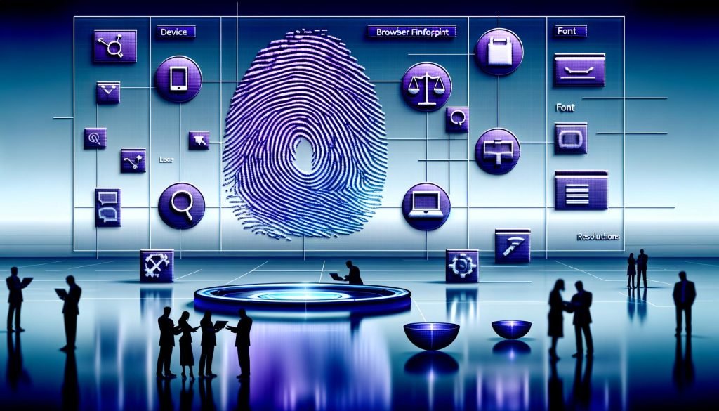 Futuristisches digitales Kontrollzentrum mit leuchtendem Fingerabdruck-Profil aus Browserdaten, Analysten im Hintergrund und Symbolen für Datenschutz und Recht.