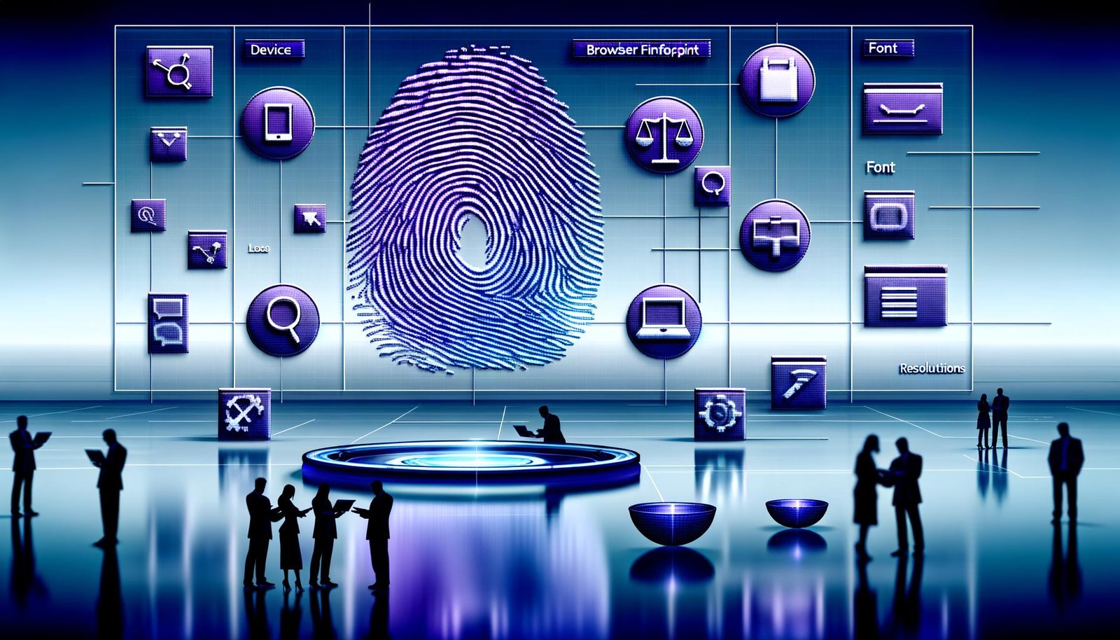 Futuristisches digitales Kontrollzentrum mit leuchtendem Fingerabdruck-Profil aus Browserdaten, Analysten im Hintergrund und Symbolen für Datenschutz und Recht.