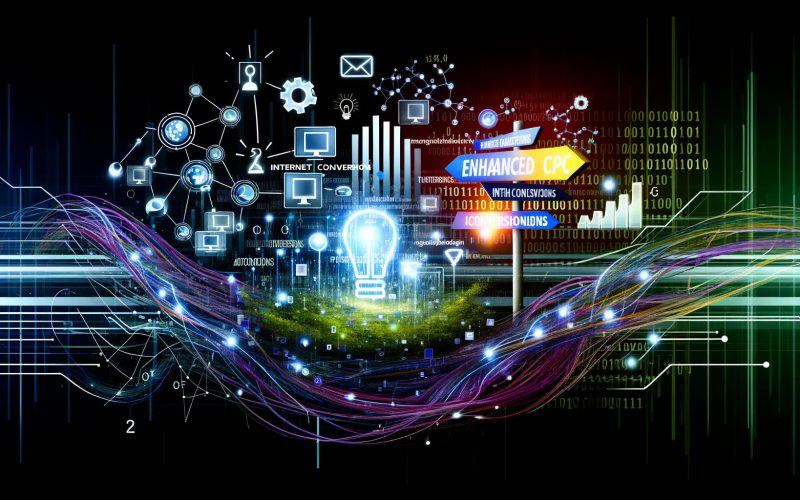 Stilisiertes, techno-inspiriertes Bild mit Google Ads-Logo, digitalen Kabeln, Machine Learning-Icons, Conversions-Diagramm und Enhanced CPC-Schild