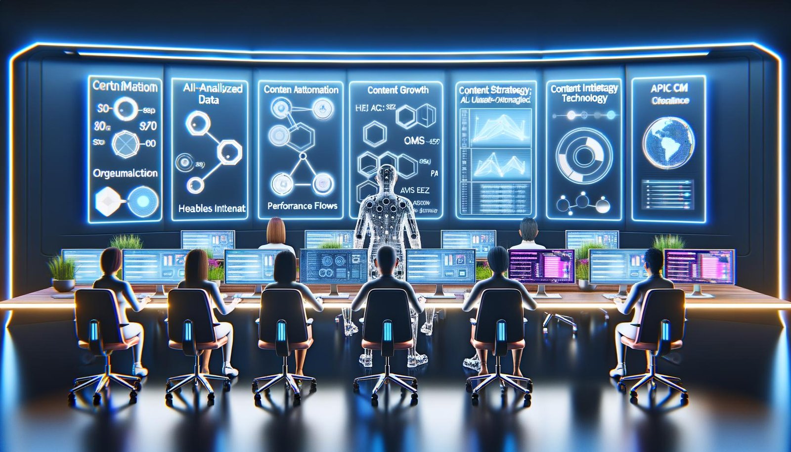 Futuristisch gestalteter Kontrollraum mit Marketing-Profis, die an beleuchteten Workstations arbeiten, umgeben von transparenten Touchscreens voller KI-analysierter Daten und Content-Workflows.
