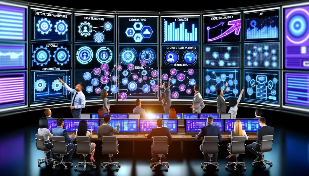 Marketing-Fachleute arbeiten gemeinsam in einem Hightech-Kontrollraum mit leuchtenden Dashboards, Datenströmen und Visualisierungen von Marketing-Automation und Customer Journeys.