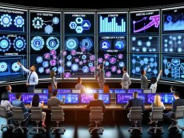 Marketing-Fachleute arbeiten gemeinsam in einem Hightech-Kontrollraum mit leuchtenden Dashboards, Datenströmen und Visualisierungen von Marketing-Automation und Customer Journeys.