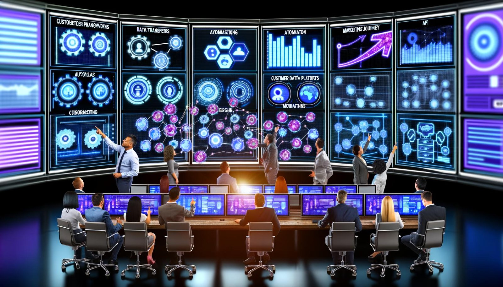 Marketing-Fachleute arbeiten gemeinsam in einem Hightech-Kontrollraum mit leuchtenden Dashboards, Datenströmen und Visualisierungen von Marketing-Automation und Customer Journeys.
