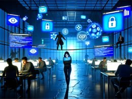 Futuristisches Nachtbüro mit gestressten Marketern, überdimensionalen Browserfenstern voller Cookie-Hinweise, balancierendem Digitalmarketer auf Drahtseil, umgeben von Datenschutz- und Analyse-Symbolen, beobachtet von regulatorischen Behörden.