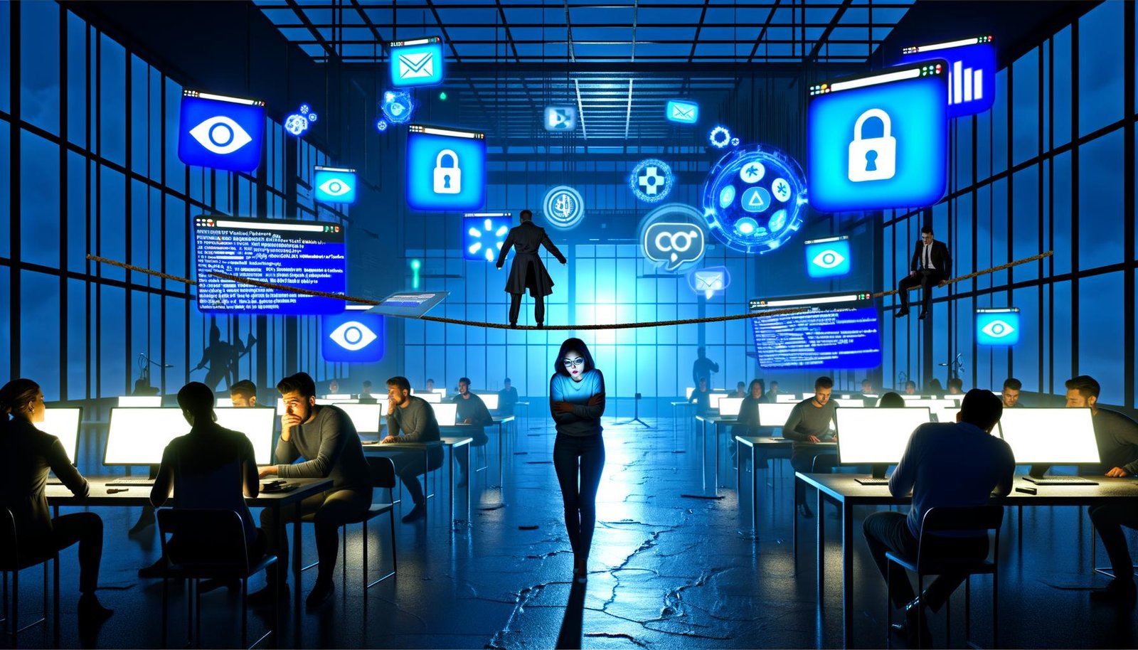 Futuristisches Nachtbüro mit gestressten Marketern, überdimensionalen Browserfenstern voller Cookie-Hinweise, balancierendem Digitalmarketer auf Drahtseil, umgeben von Datenschutz- und Analyse-Symbolen, beobachtet von regulatorischen Behörden.