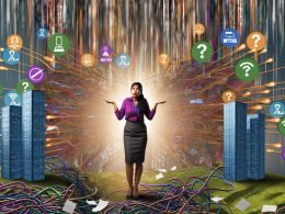 Illustration eines überforderten Marketingprofis im digitalen Dschungel voller Kabel, Software-Logos und Dashboards, umgeben von Tech-Skyscrapern und mythoszerstörenden Icons.