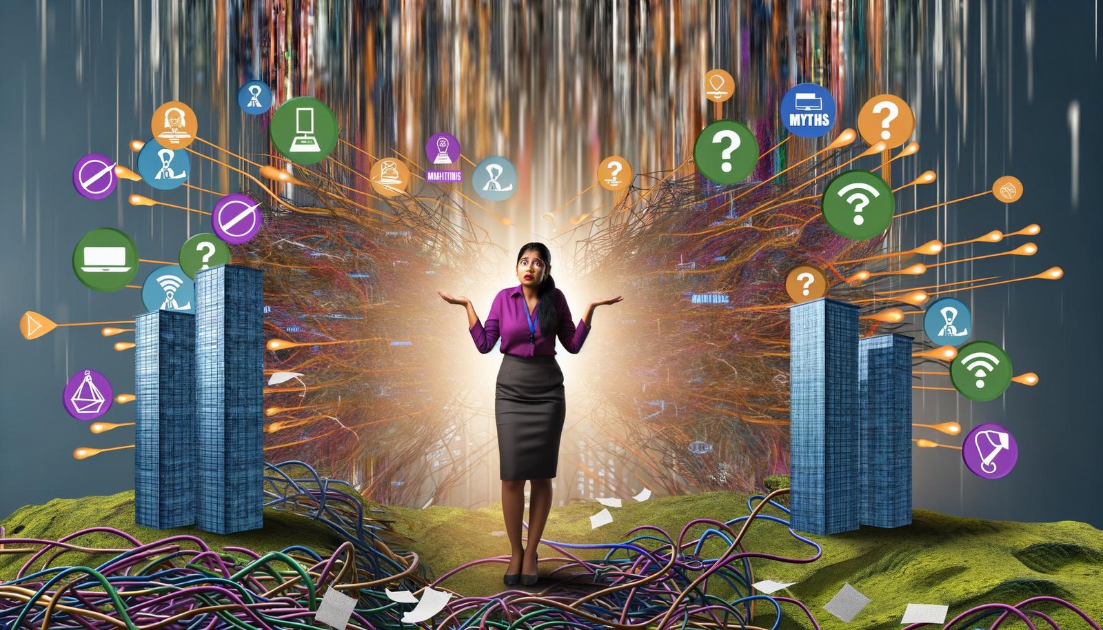 Illustration eines überforderten Marketingprofis im digitalen Dschungel voller Kabel, Software-Logos und Dashboards, umgeben von Tech-Skyscrapern und mythoszerstörenden Icons.