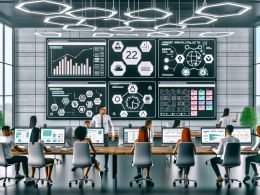 Modernes Marketing-Team an einem cleanen Hightech-Arbeitsplatz mit großen Monitoren und einem benutzerfreundlichen Content-Strategie-Tool, das Kalender, Dashboards, Keyword-Analysen und Performance-Diagramme zeigt. Im Hintergrund Hinweise auf Automatisierung und digitale Workflows.