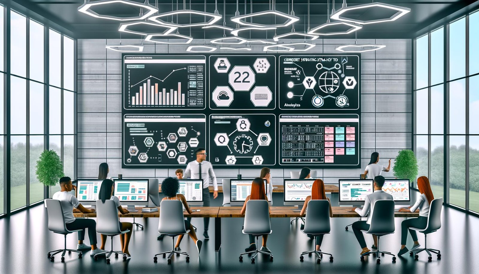 Modernes Marketing-Team an einem cleanen Hightech-Arbeitsplatz mit großen Monitoren und einem benutzerfreundlichen Content-Strategie-Tool, das Kalender, Dashboards, Keyword-Analysen und Performance-Diagramme zeigt. Im Hintergrund Hinweise auf Automatisierung und digitale Workflows.