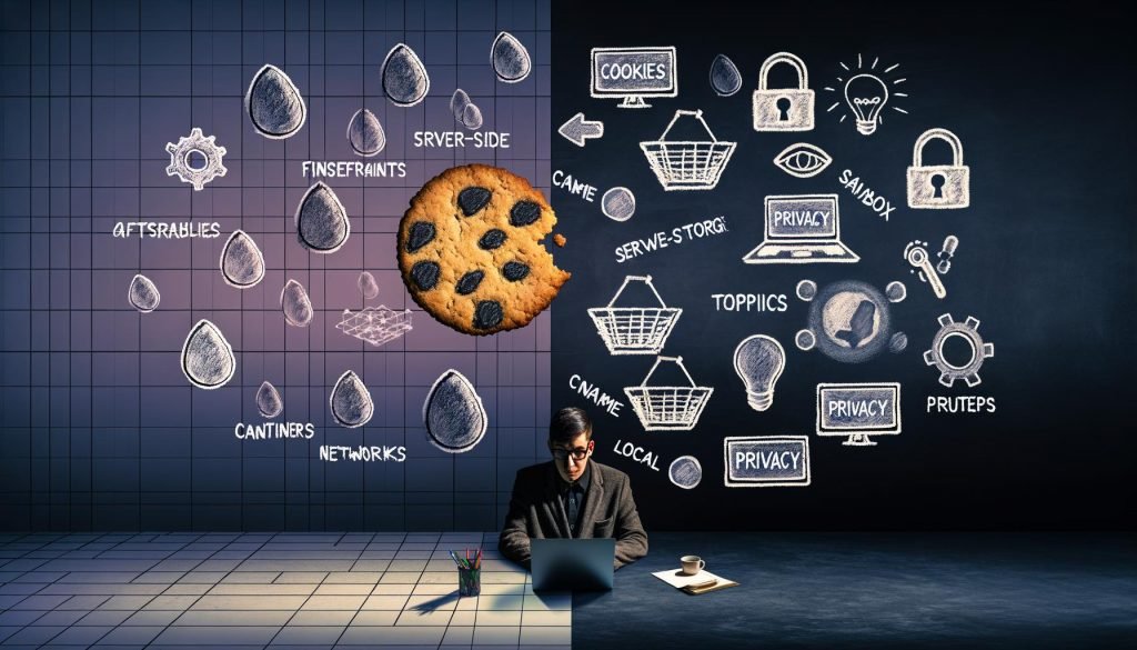 Digitale Arbeitsumgebung mit zerbröselndem Cookie, Tracking-Symbolen, innovativen Cookie-Alternativen und zynischem Marketer zwischen Techniktrend und Datenschutz.