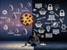 Digitale Arbeitsumgebung mit zerbröselndem Cookie, Tracking-Symbolen, innovativen Cookie-Alternativen und zynischem Marketer zwischen Techniktrend und Datenschutz.