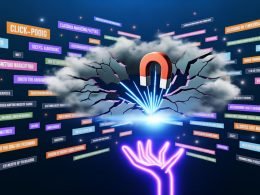 Futuristisches Titelbild mit großem Riss quer über einen Bildschirm voller bunter Content-Bausteine, strahlenden Lichtbündeln, Icons für Aufmerksamkeit und einer leuchtenden Hand, die einen Hook balanciert. Verblasste Marketing-Floskeln im Hintergrund.