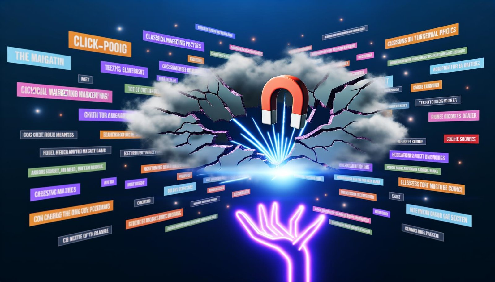 Futuristisches Titelbild mit großem Riss quer über einen Bildschirm voller bunter Content-Bausteine, strahlenden Lichtbündeln, Icons für Aufmerksamkeit und einer leuchtenden Hand, die einen Hook balanciert. Verblasste Marketing-Floskeln im Hintergrund.