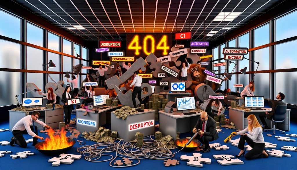 Stilisierte Szene eines digitalen Content-Strategie-Teams an Arbeitsplätzen mit Dashboards, Kanban-Boards, SEO-Analysen, Keyword-Cluster und Tool-Logos für effizienten Workflow.