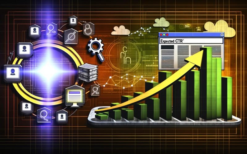 Digitales Schaubild mit Label „Expected CTR“, aufsteigender Kurve, Symbolen für Nutzer, Suche, Daten, Monitor mit Snippet und Balkenvergleich von CTR-Werten, dazu SEO-, SEA- und Conversion-Icons im farbigen Hintergrund.