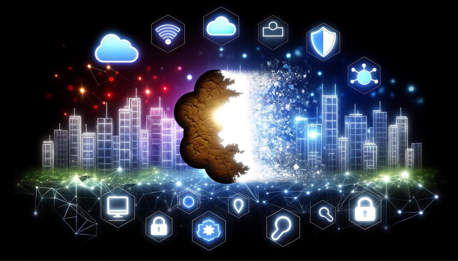 Modernes Titelbild mit digital inspirierter Skyline, verblassendem Cookie-Icon und Symbolen für Datenschutz, Cloud und Netzwerke im Digital-Marketing-Kontext.