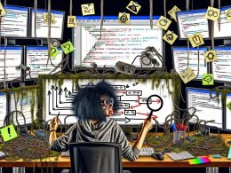 Marketer mit Lupe überprüft ein wirres Conversion-Funnel-Diagramm am Whiteboard, umgeben von Monitoren mit Analytics, Code, Fehler-Popups und Notizen mit Bugs.