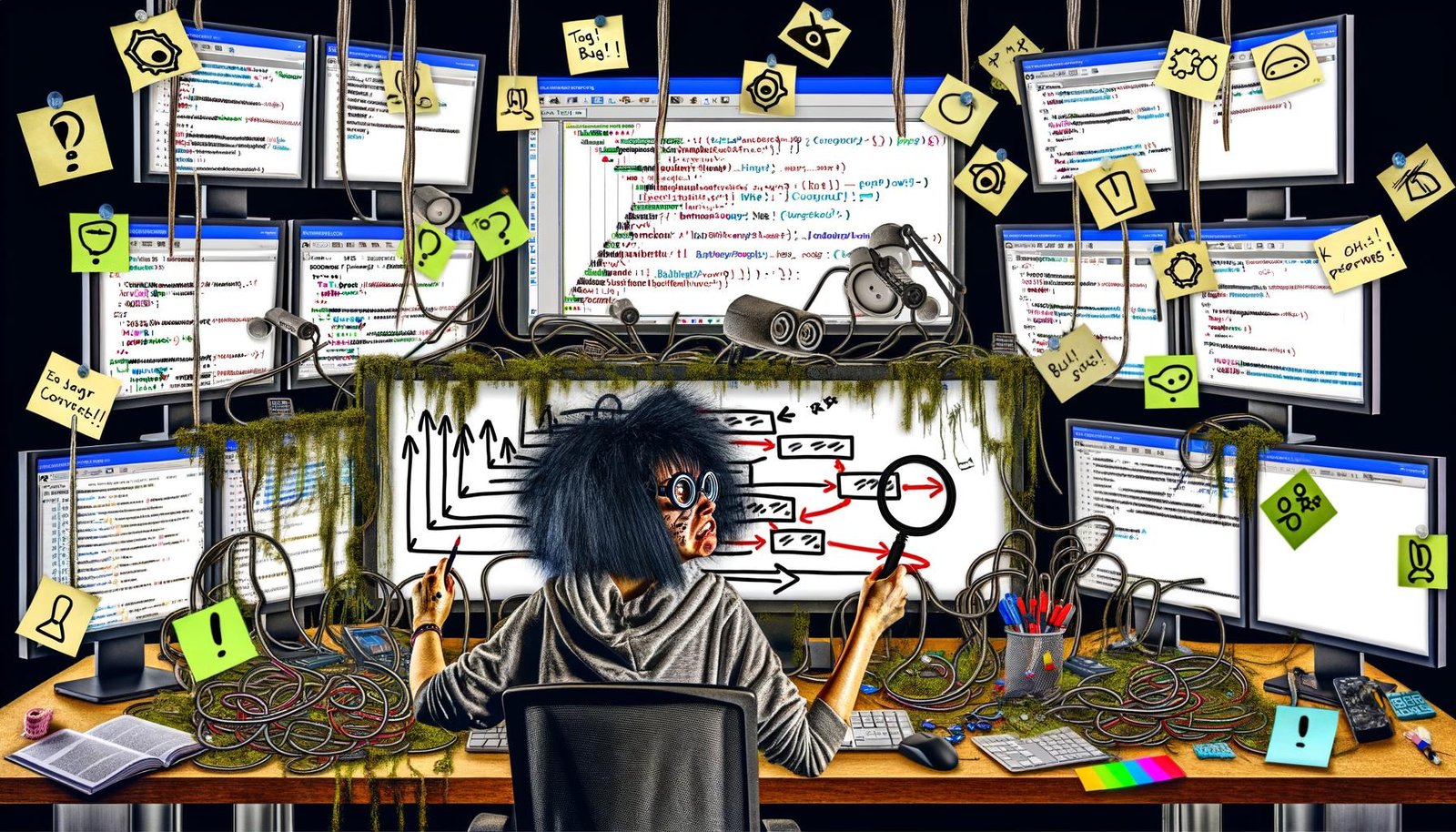 Marketer mit Lupe überprüft ein wirres Conversion-Funnel-Diagramm am Whiteboard, umgeben von Monitoren mit Analytics, Code, Fehler-Popups und Notizen mit Bugs.