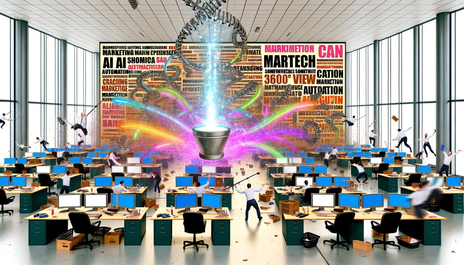 Surreale Szene im Großraumbüro mit funkelnder Martech-Maschine, hektischen Mitarbeitern, farbigen Datenströmen und chaotischem Büro im Hintergrund.