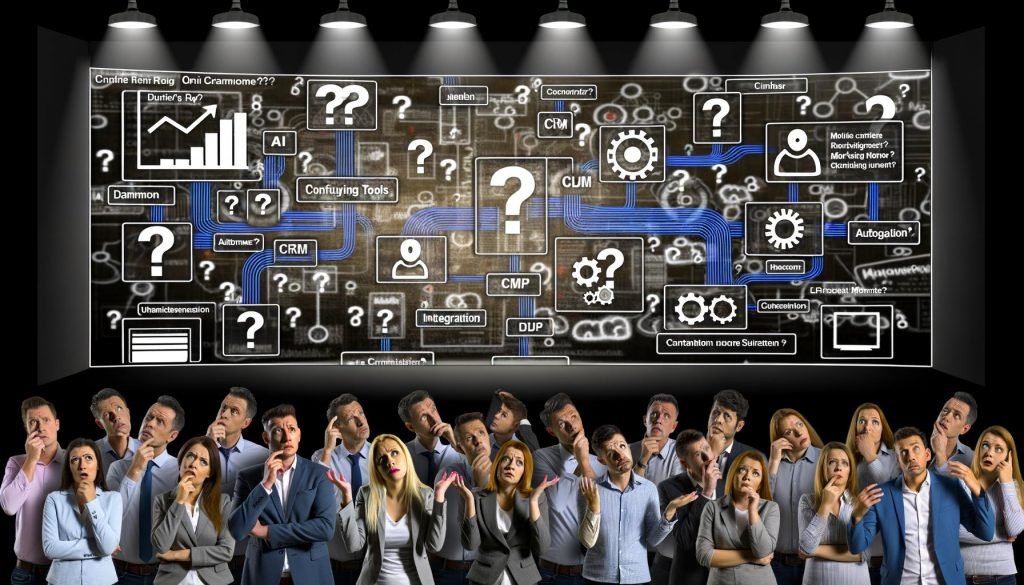 Marketing-Kontrollraum voller verwirrender Tools, Datenströme, Buzzwords und ratlosen Menschen im Vordergrund