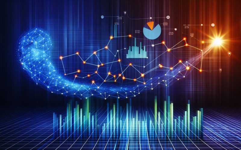 Glühendes Netzwerk aus Datenpunkten und Liniendiagrammen, das die Form einer Wirbelsäule bildet, mit schwebenden Balkendiagrammen, Kreis- und Histogrammen rundherum – Symbol für Frequenzverteilung in der Webanalyse und SEO.