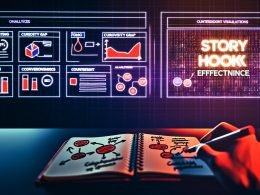 Moderner Schreibtisch im Halbdunkel mit leuchtenden Bildschirmen, Post-its zu Storytelling und einer Hand, die einen roten Marker über ein Story Hook-Konstrukt hält, im Hintergrund Social-Media-Feeds und Conversion-Kurven.