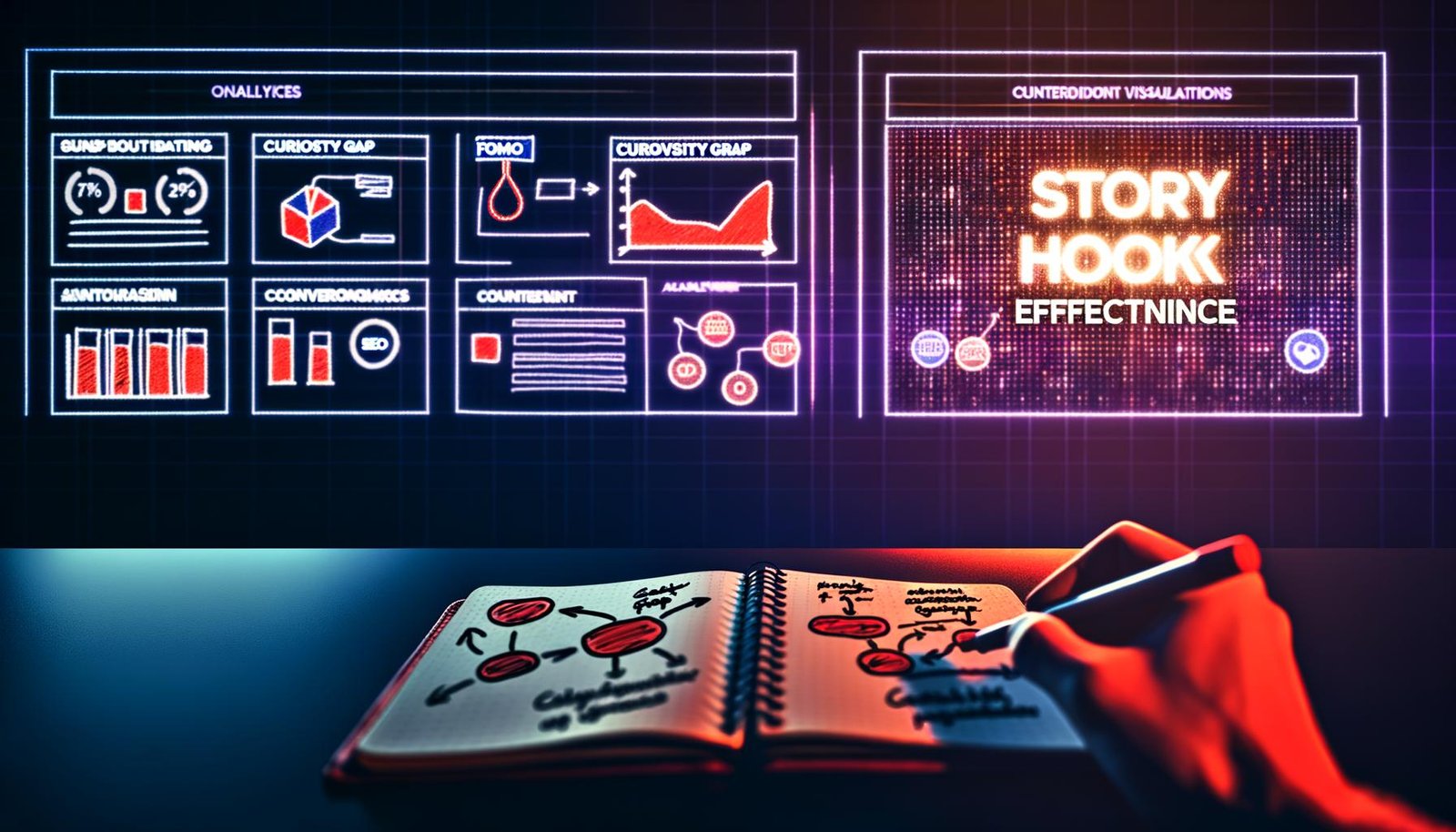 Moderner Schreibtisch im Halbdunkel mit leuchtenden Bildschirmen, Post-its zu Storytelling und einer Hand, die einen roten Marker über ein Story Hook-Konstrukt hält, im Hintergrund Social-Media-Feeds und Conversion-Kurven.