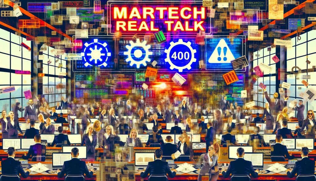 Hektischer Marketing-Kontrollraum mit Dashboards, Software-Logos, gestressten Profis und schwebenden Datendiagrammen. Ein leuchtendes 'MarTech Realtalk'-Schild mit kaputtem 404-Logo dominiert das Chaos.