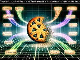 Stilisierte Illustration eines zerbröckelnden Cookies mit digitalen Strömen, modernen Marketing-Icons und gebrochenen Drittanbieter-Cookies in einer futuristischen Datenumgebung.