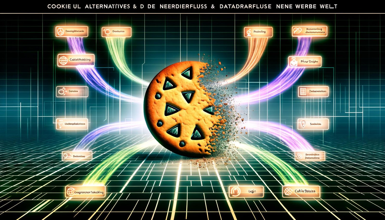 Stilisierte Illustration eines zerbröckelnden Cookies mit digitalen Strömen, modernen Marketing-Icons und gebrochenen Drittanbieter-Cookies in einer futuristischen Datenumgebung.