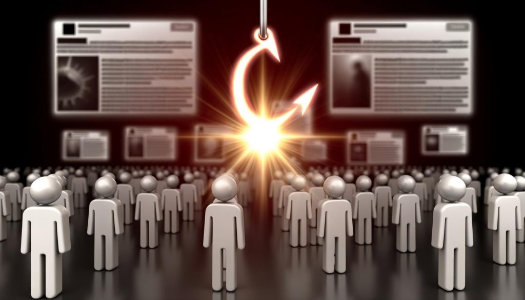 Stilisiertes digitales Kampffeld mit leuchtendem Licht-Haken, der Nutzer-Avatare im Vordergrund fesselt, während im Hintergrund graue Social-Media- und Präsentationsfolien verschwimmen.