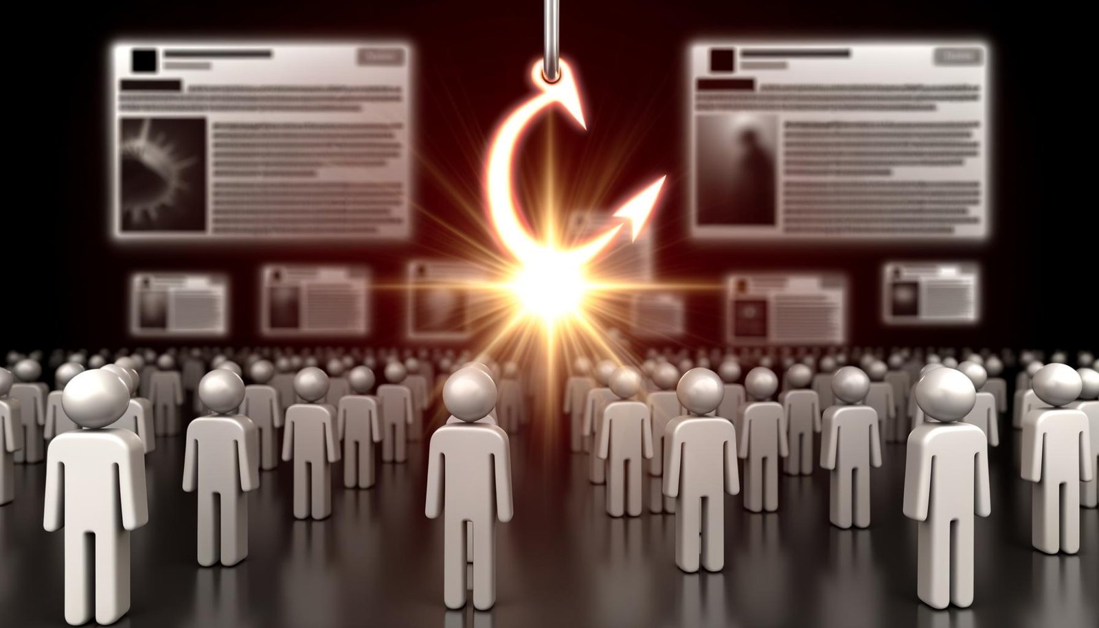 Stilisiertes digitales Kampffeld mit leuchtendem Licht-Haken, der Nutzer-Avatare im Vordergrund fesselt, während im Hintergrund graue Social-Media- und Präsentationsfolien verschwimmen.