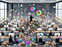 Chaotisches Marketingbüro mit überfüllten Bildschirmen, verstreuten SaaS-Tools, gestressten Mitarbeitern und einem Vendor, der weitere Tools anbietet.