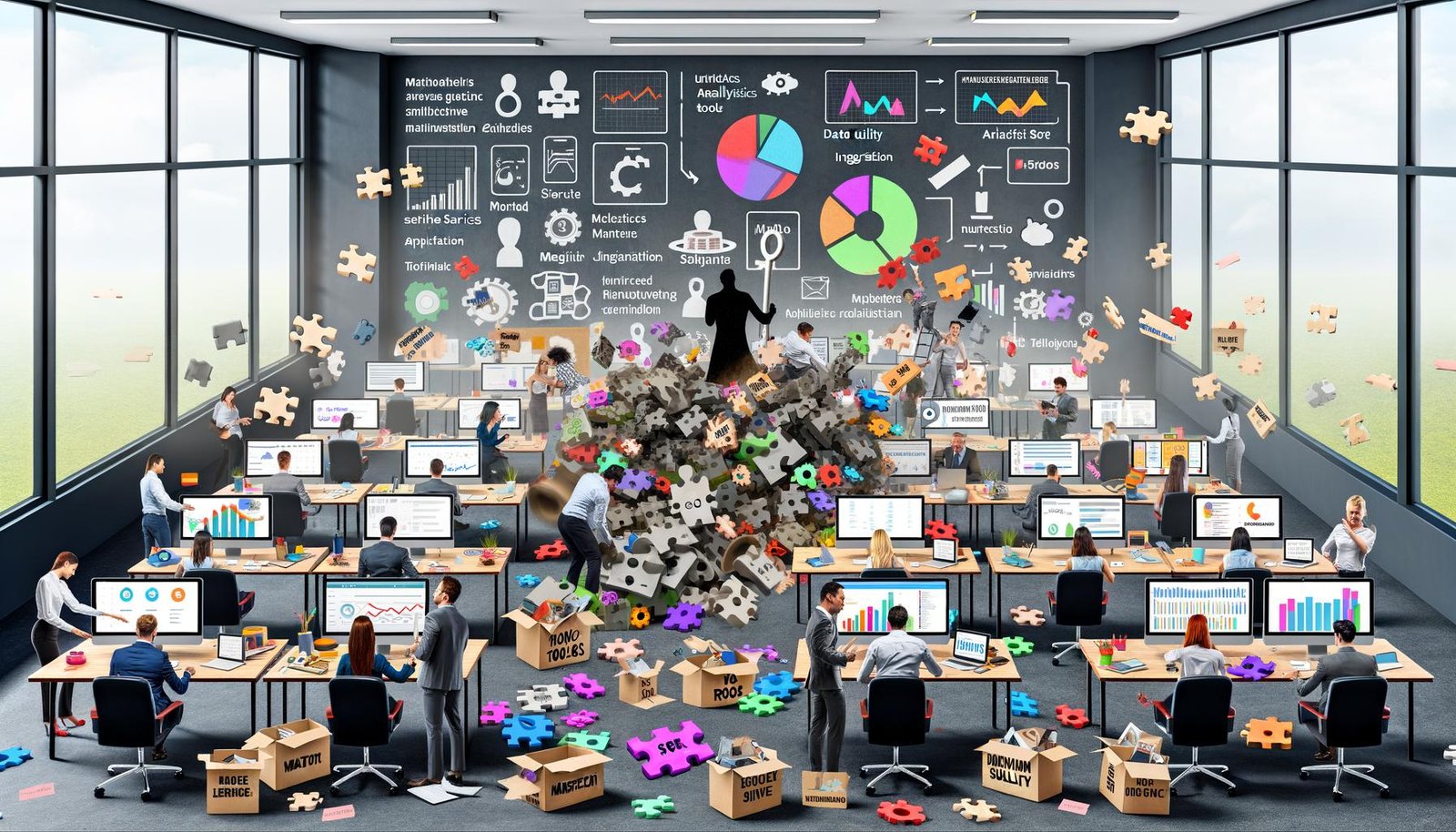 Chaotisches Marketingbüro mit überfüllten Bildschirmen, verstreuten SaaS-Tools, gestressten Mitarbeitern und einem Vendor, der weitere Tools anbietet.