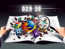 Dramatischer Schutthaufen aus Kaputten Cookies, Browser-Logos, zerrissenen Consent-Bannern und Code vor einem Countdown; im Vordergrund betrachtet eine Webexpert·in Tracking-Daten mit einer Lupe.