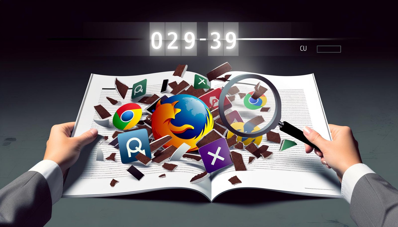 Dramatischer Schutthaufen aus Kaputten Cookies, Browser-Logos, zerrissenen Consent-Bannern und Code vor einem Countdown; im Vordergrund betrachtet eine Webexpert·in Tracking-Daten mit einer Lupe.