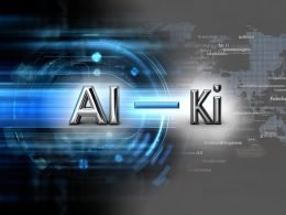 Links leuchtet die Abkürzung 'AI' in bläulich-metallischen Buchstaben, rechts steht 'KI' in Weiß auf Grau, getrennt durch eine stilisierte Linie, vor digitalem Hintergrund mit Datenströmen, Schaltkreisen und Skylines.