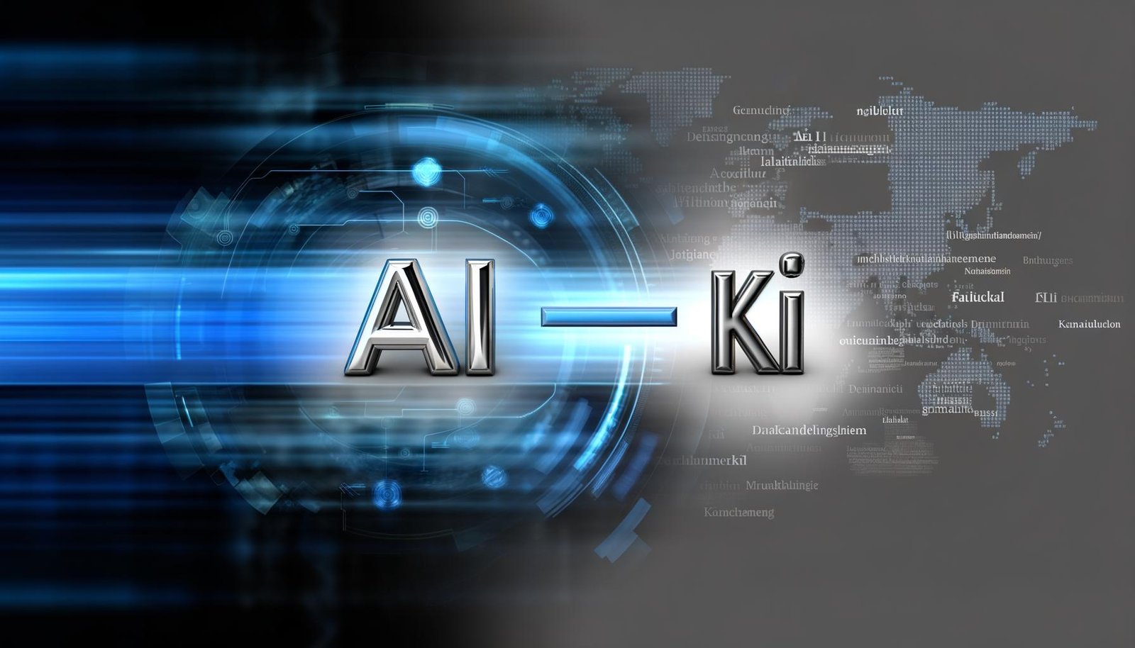 Links leuchtet die Abkürzung 'AI' in bläulich-metallischen Buchstaben, rechts steht 'KI' in Weiß auf Grau, getrennt durch eine stilisierte Linie, vor digitalem Hintergrund mit Datenströmen, Schaltkreisen und Skylines.