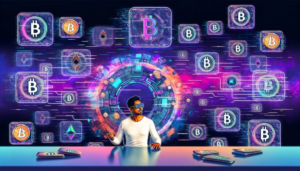 Solopreneur an einem futuristischen, holografischen Arbeitsplatz mit Krypto-Wallet-Interfaces, Smart-Contracts-Code, NFT-Produktbildern und Blockchain-Grafiken im cyberpunk-inspirierten Stil.