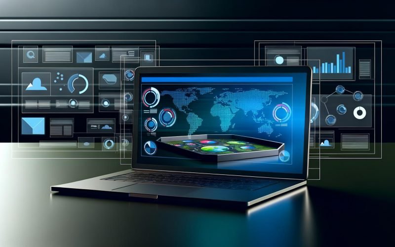 Modernes digitales Workspace mit offenem Laptop, der ein farbenfrohes Analyse-Dashboard zeigt, dazu digitale Werbebanner und eine Weltkarte mit hervorgehobenen Regionen.