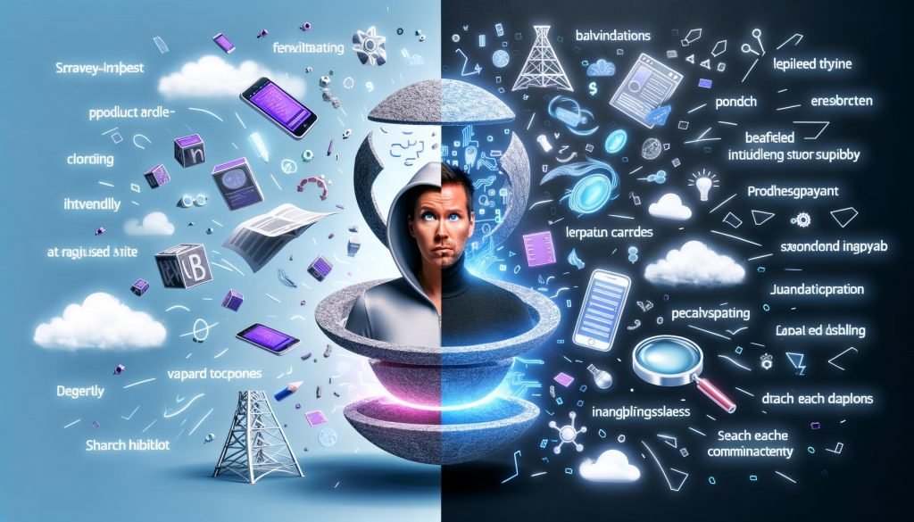 Futuristischer E-Commerce-Shop mit geteiltem Bild: links flexibles Headless-Frontend mit interaktiven Produktkarten, rechts verwirrte Suchmaschinen-Bots bei der Sichtung von API- und JavaScript-Inhalten.