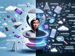 Futuristischer E-Commerce-Shop mit geteiltem Bild: links flexibles Headless-Frontend mit interaktiven Produktkarten, rechts verwirrte Suchmaschinen-Bots bei der Sichtung von API- und JavaScript-Inhalten.